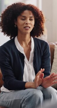 Psychology, talking and woman on sofa in counseling for divorce grief, life transition and advice. Mental health, recovery or patient with discussion in CBT for support, healing or emotional wellness