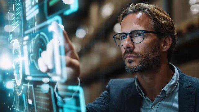 Manager interacts with transparent digital touchscreen to control inventory data in a modern warehouse setting