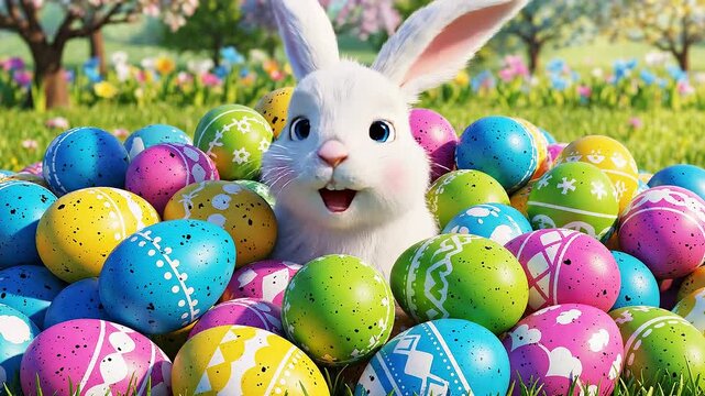 A cheerful white bunny peeks out from a vibrant pile of colorful Easter eggs in a lush green meadow with blooming flowers and trees in the background.