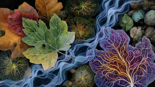 Abstract microscopic ecological illustration showing decomposers breaking down leaves, vibrant fungal filaments weaving through bacterial colonies, fine textures of organic matter