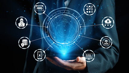 Data privacy and cyber security icons show encryption, data privacy safeguards, and cyber security...