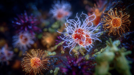 Fototapeta premium Vivid abstract 3D microscopy scene showing a mix of bacteria and viruses, bright contrasting colors highlighting different types, fine details on protein spikes, membranes, and fla