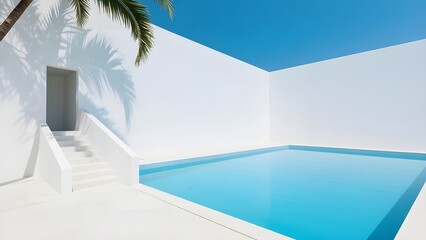 Fototapeta premium Modern White Architecture with Bright Blue Swimming Pool and Palm Tree Shadow.