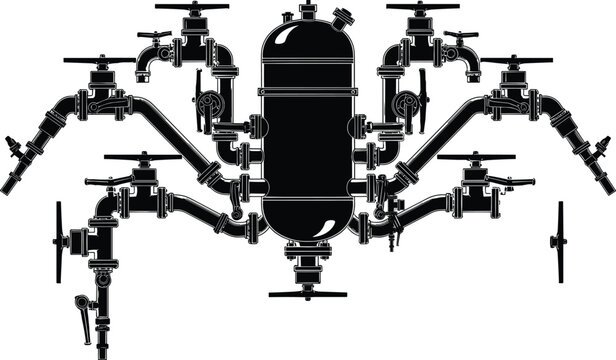 Mechanical spider plumbing silhouette illustration set, industrial pipe valve artwork, engineering creative vector design concept