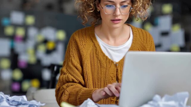 Businesswoman in a cozy office feels overwhelmed and stressed while working hard on a project with paperwork scattered around her during a busy weekday