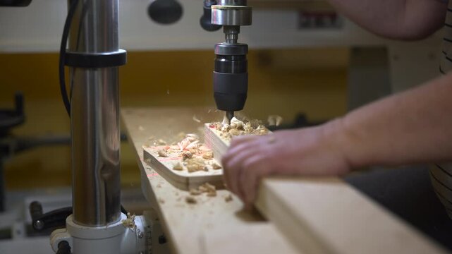 Joiner Operating Drill Press Skillfully. Woodworker Carefully Drilling Panels In Wellequipped Shop Space. Media