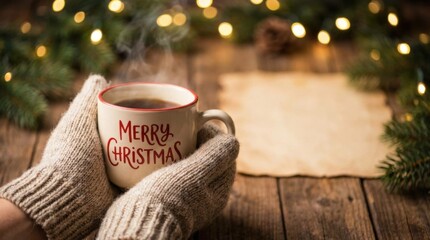 Naklejka premium dynamic merry christmas hands holding cup of coffee with copy space stock photo background ready for text or design overlay