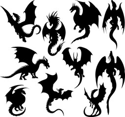 Obraz premium Silhouette of flying dragons, from different angles, set, vector