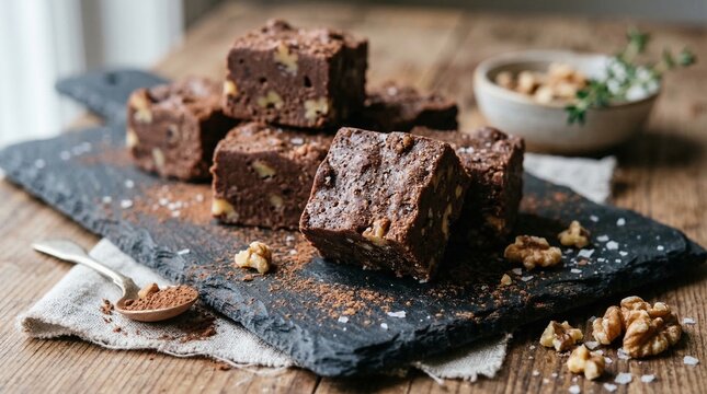 Delicious homemade chocolate walnut fudge squares on a slate board, sprinkled with cocoa powder and sea salt.