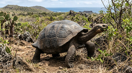 Obraz premium Extinct Pinta Island Tortoise Chelonoidis abingdonii in its native arid Galápagos habitat