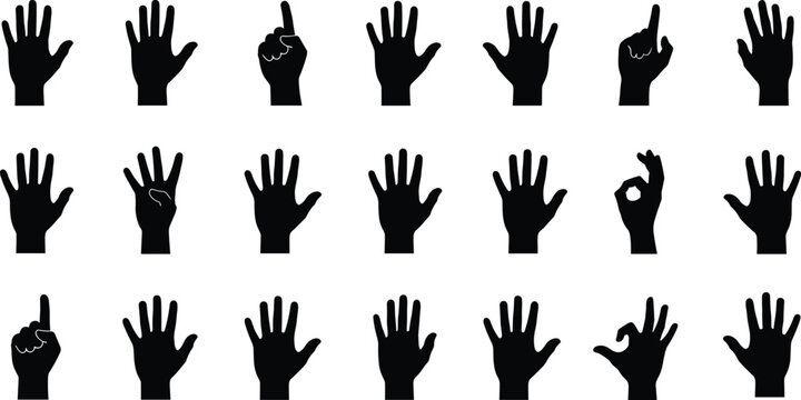 Black human hand gestures silhouettes set including palm open, pointing finger, ok sign and counting isolated on white background for graphic design projects.