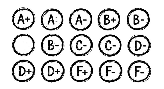 hand-drawn academic grades from a to f- in a grunge doodle style representing school marks and educational assessment concept.