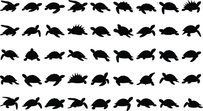 Large collection of sea turtle and tortoise silhouettes in various poses including swimming, crawling, and walking isolated on white background for graphic design.