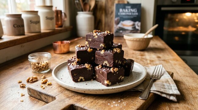 Homemade Chocolate Walnut Fudge Stacked on Plate, Cozy Kitchen Background