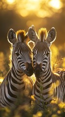 Fototapeta premium Two zebras standing close together at sunset form a heart shape with their heads, symbolising the unity of nature; this makes for a touching background for presentations on wildlife or for postcards.