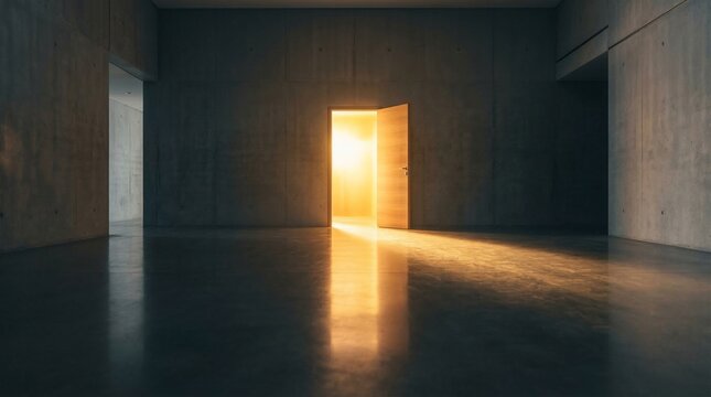Open door with bright sunlight streaming into a dark, modern concrete room, symbolizing hope and opportunity
