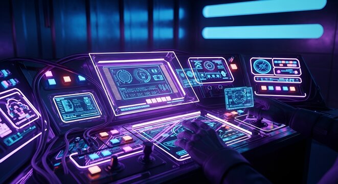 Futuristic Control Panel with Neon Lights and Digital Displays