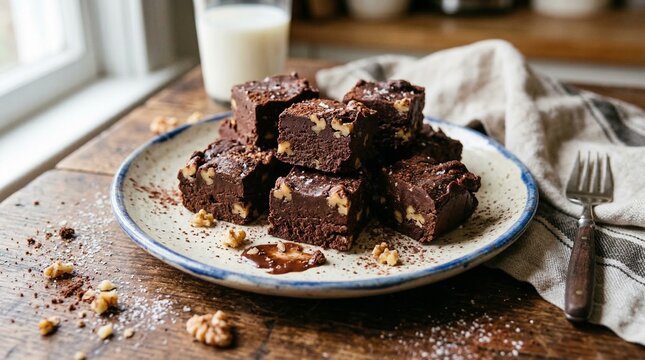 Rich Chocolate Walnut Fudge Squares on a Plate with Milk and Fork