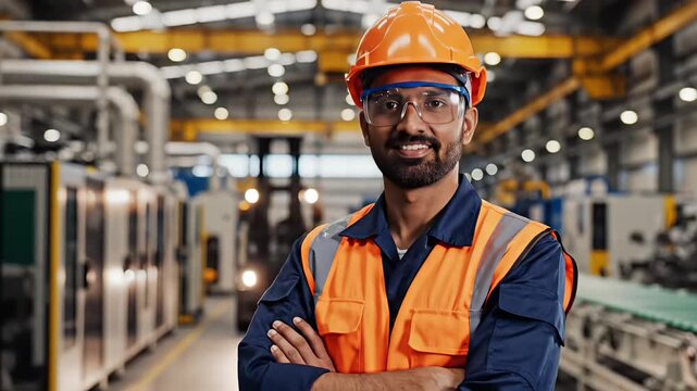 Animated industrial worker portrait in factory environment wearing helmet and safety vest for labor day representing workforce dedication international worker day motion concept