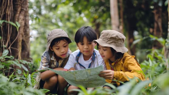 Group of children exploring nature and studying a map in a lush green forest during a sunny day