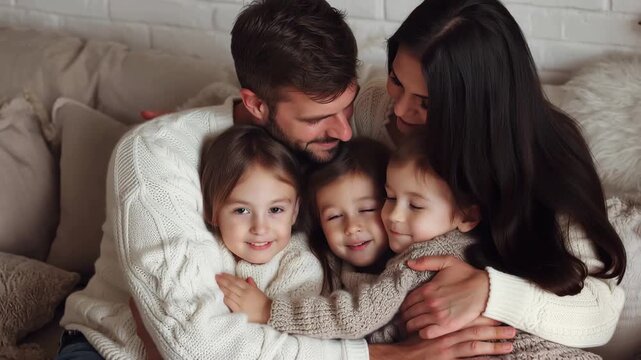 Joyful family enjoying time together at home on the couch, sharing smiles and warmth in cozy sweaters during a sunny afternoon