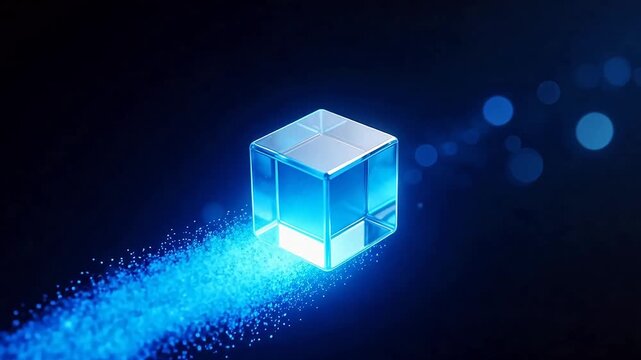 Blue glowing cube with light trail