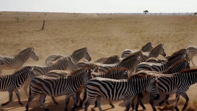Fastmoving Zebras In Tight Group Kick Up Dust Under Bright Sunlight Across Expansive Grasslands