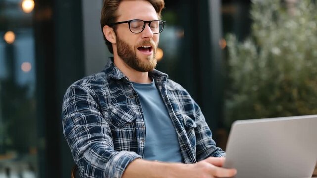 Caucasian programmer using wireless internet while enjoying a sunny day outdoors with a laptop in a stylish cafe setting