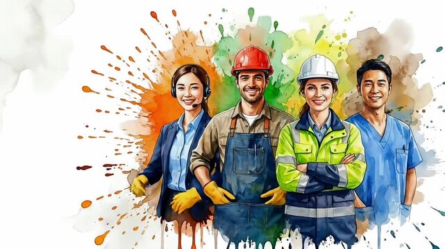Animated diverse workers portrait illustration with colorful artistic background celebrating labor day unity and pride for international worker day motion design