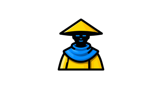 Stylized graphic of a figure in a yellow robe and blue shawl with a traditional conical Asian hat on a white background