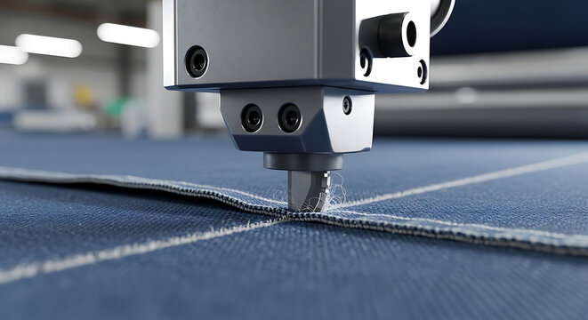 automated textile cutting machine precisely cutting blue fabric demonstrating modern industrial technology and manufacturing efficiency.