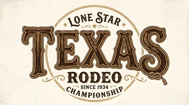 Vintage Lone Star Texas Rodeo Championship logo with rustic western typography, rope details, and distressed texture on a light background.