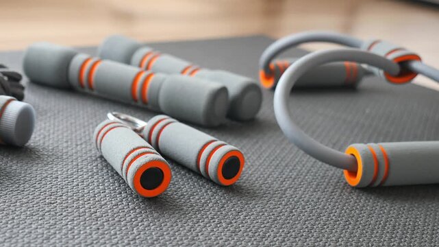 Workout tools on exercise mat for home fitness session
