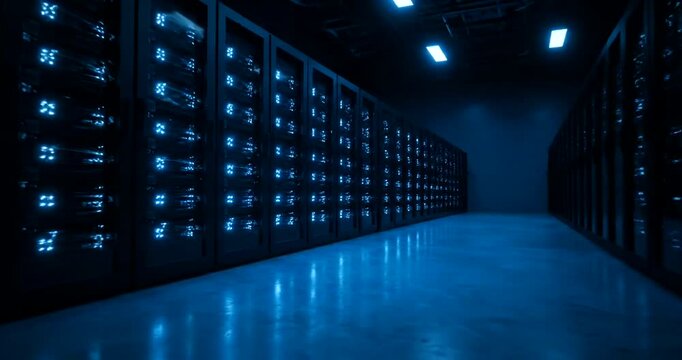 Rows of computer server racks glowing blue.