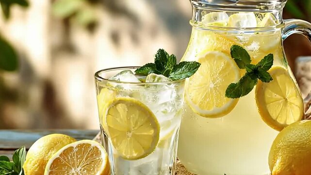 Refreshing iced lemonade with lemon slice and mint leaf in glass pitcher and glass. Summer cold beverage for hot day. Healthy homemade citrus drink concept.