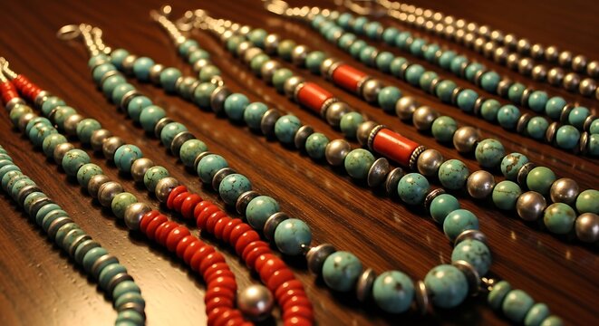 Beautiful handmade native american style necklaces featuring turquoise and coral beads arranged on a dark wooden table surface illustration