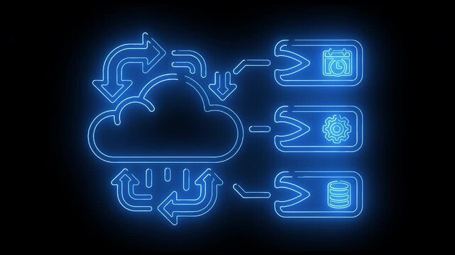 Neon-lit blue cloud computing concept with arrows and icons on a dark background.