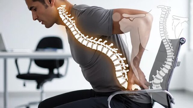 Man in office suffering from back pain with spine illustration