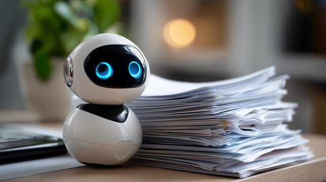 Cute small AI robot with glowing eyes sitting beside a messy stack of office documents on a desk, artificial intelligence overload, digital assistant managing paperwork,