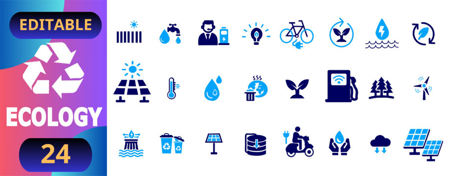 Ecology sustainability flat icons set renewable energy water recycling nature conservation solar panels wind turbines electric transport environmental protection symbols