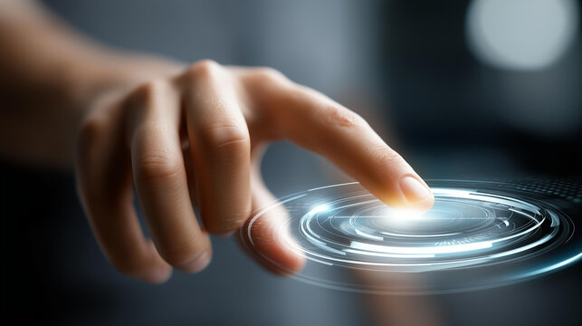 Close-up of a hand interacting with an abstract glowing digital interface, human-computer interaction, cutting-edge technology concept, with copy space