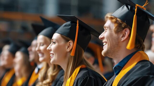 Joyful students celebrating graduation day looking proud and excited while wearing caps and gowns in a packed auditorium setting