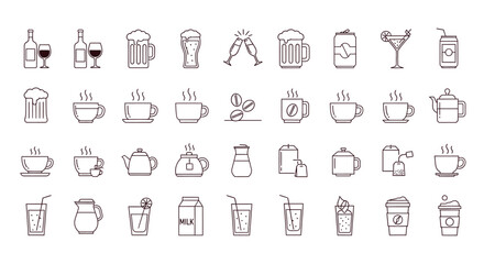 Fototapeta premium drink icons collection featuring various beverage types for food and drink menu design and refreshment choices
