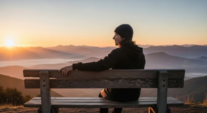 Person sitting on bench overlooking misty mountains at sunrise