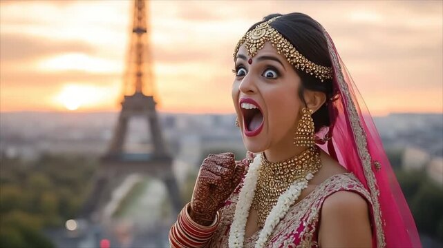 Surprised indian bride wearing traditional jewelry and wedding attire posing near the tower in paris during sunset. Cinematic travel and marriage concept.