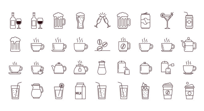 drink icons collection featuring various beverage types for food and drink menu design and refreshment choices