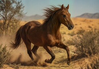 Obraz premium wild chestnut horse galloping freely through a desert landscape with dust.