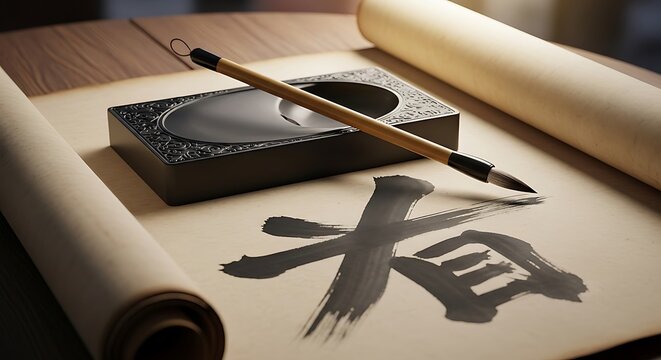 A traditional chinese calligraphy set featuring a bamboo brush, ink stone, and an ancient paper scroll with black ink art illustration
