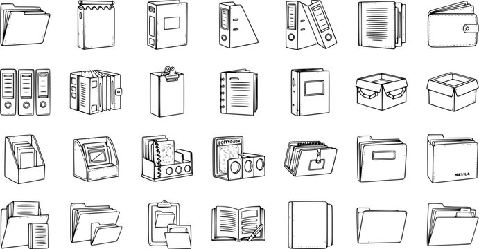 Black and White Sketch Set of Office Files and Folders: Document Management, Organization, and Paperwork