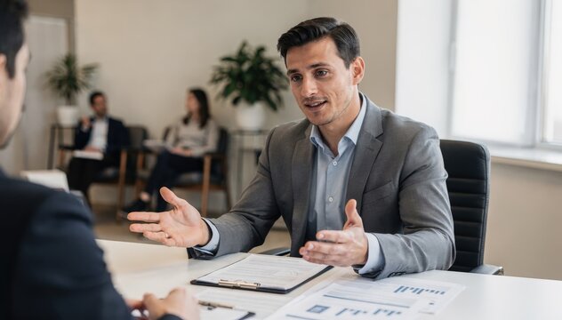 Focused medium shot of a loan consultant explaining unsecured loan terms for medical costs with a softly blurred waiting area and client documents behind.